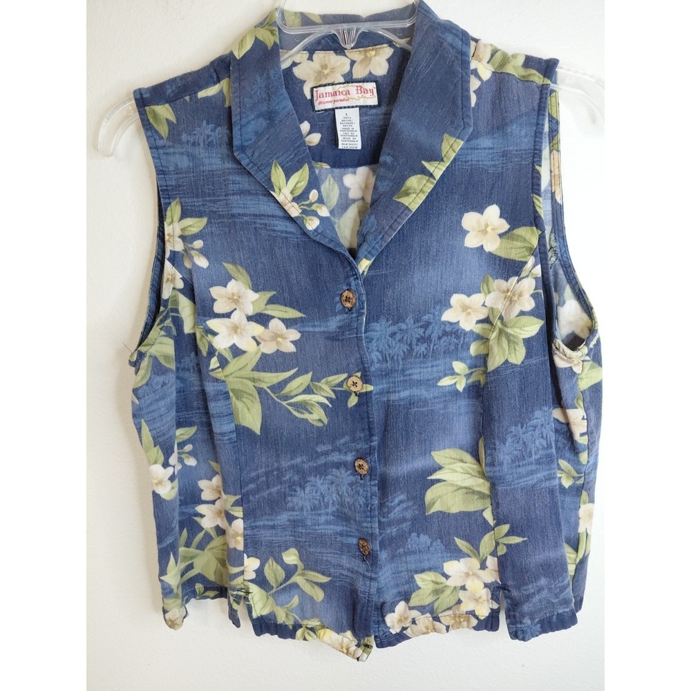 JAMAICA BAY WOMENS BLUE TROPICAL SLEEVELESS SIZE L Boho Y2k Festival Flirty Goth